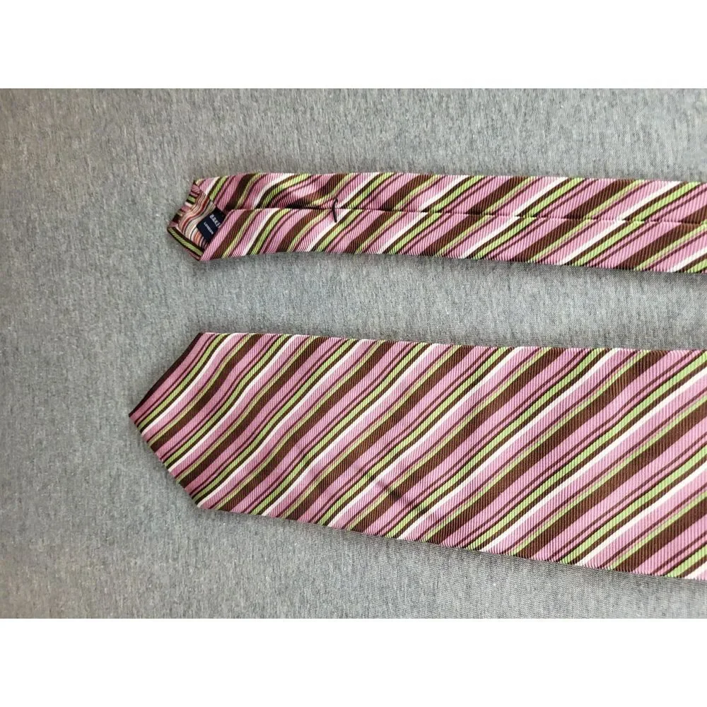 TED BAKER LONDON Pink‎ Lime White Diagonal stripe Silk USA Handmade Necktie Tie